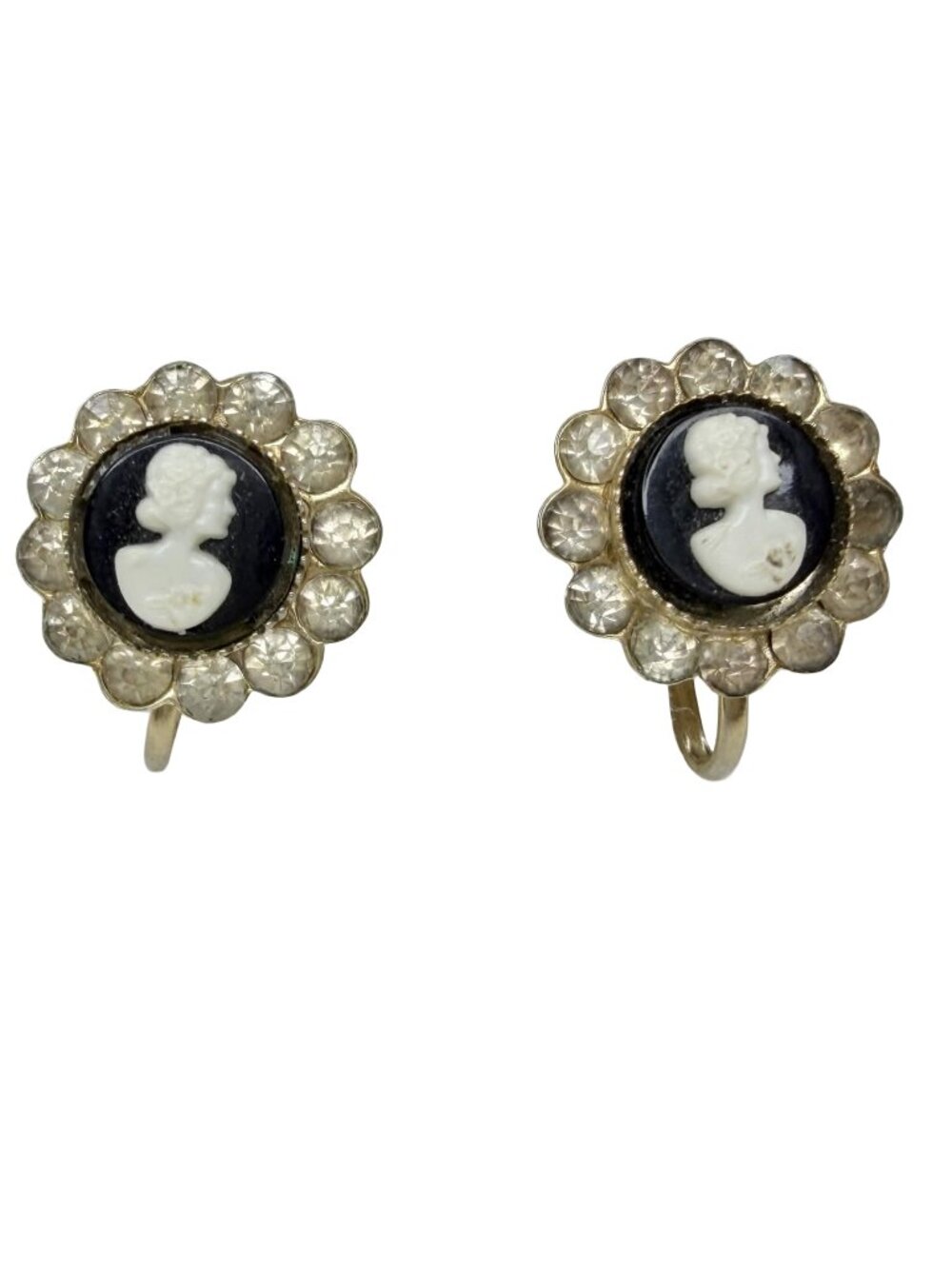 Vintage Coro Screwback Earrings Cameo Clear Rhinestone Gold Tone 1.5cm